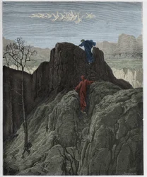 Purgatorio, sång 4: Vergilius leder Dante uppför den karga bergssluttningen, illustration ur „Den gudomliga komedin” av Dante Alighieri, 1885