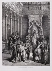 Drottning Ester svimmar inför kungen, illustration från Dore-bibeln