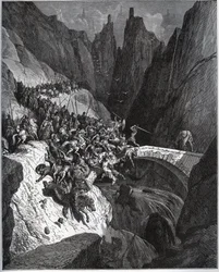 Recite des feats du chevalier Diego Garcia de Paredes - från "Don Quixote de la Mancha"" av Miguel Cervantes (1547-1616) (Don Quijote) - Träsnitt efter teckning av Gustave Dore