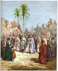 Försoning mellan Jakob och Esau - Försoning mellan Jakob och Esau Genese, XXXIII, 4 - - Gravyr från "" The Bible illustree" av Gustave Dore (1832-1883) - Gravyr från "" The Dore Bible""