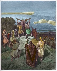 Återkomsten från Kanaans land - Josua och Kaleb återvänder med en enorm druvklase från Kanaans land, det förlovade landet - gravyr i ”La Bible illustrée” av Gustave Doré (1832-1883) - gravyr ur ”The Doré Bible”