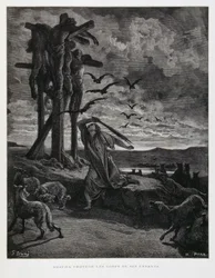 Rizpah hindrar vilda djur från att skända hennes döda söners kroppar, Illustration från Dore-bibeln