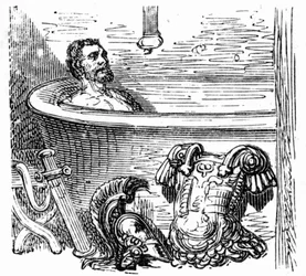 Romersk soldat badar vid de termiska baden i Bagneres de Bigorre: gravyr av Gustave Dore som illustrerar boken "Voyage aux Pyrenees" av Hippolyte Taine, Hachette 1860.