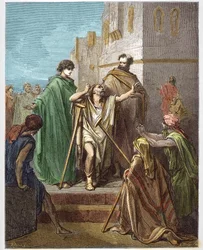 Sankt Peter och Sankt Johannes läker ett blad - Guerison of the lame - Sankt Peter, tillsammans med Sankt Johannes, krigade mirakulöst en halt man i Jerusalem - - gravyr i "The Bible illustree" av Gustave Dore (1832-1883) - Gravyr från " "The Dore Bible""