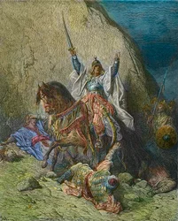 Saladin den magnifike - kung Saladin (1138-1193) (Salah al Din Yusuf al-Ayyubi (al Ayyubi), befälhavare för de muslimska styrkorna mot korstågen - färggravyr från 1800-talet av Gustave Doré - ur Korstågens historia av Joseph-François Michaud