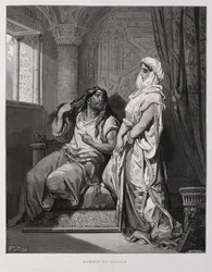 Simson och Delila, kapitel 16, i Domarboken, i Gamla testamentet, illustration från Dore-bibeln