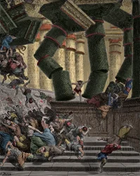 Simson fäller Dagons tempel, gravyr av Gustave Doré (1832-1883)