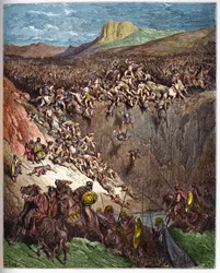 Simson förstör filistéerna med käkbenet av en rumpa - Simson dödar filistéerna med en åsnkäke - - gravering i "" The Bible illustree"" av Gustave Dore (1832-1883) - Gravyr från "" The Dore Bible""