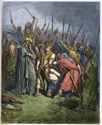 Samuel dödar Agag - Halshuggningen av Agag, amalekiternas kung, av profeten Samuel - gravyr i ”Den illustrerade Bibeln” av Gustave Doré (1832-1883) - gravyr ur ”Dorés bibel”