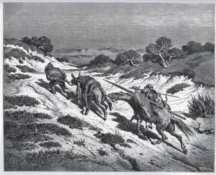 Sancho Panza, Don Quijote och deras riddjur efter nederlaget mot Yangerna - ur „Don Quijote de la Mancha” av Miguel de Cervantes (1547-1616) - Träsnitt efter en teckning av Gustave Doré