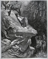 Sancho Panza hittar sin herre, alltid i ånger - från "" Don Quixote de la Mancha"" av Miguel Cervantes (1547-1616) (Don Quijote) - Träsnitt efter teckning av Gustave Dore