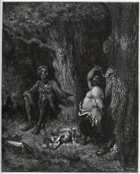 Sancho Panza flyger framför Don Quijote för att uppfylla Merlins önskan och därmed avförtrolla Dulcinee från Toboso. Don Quijote uppmanar honom att dämpa sin glöd - från "Don Quixote de la Mancha" av Miguel Cervantes (1547-1616) (Don Quijote) - Träsnitt