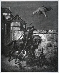 Sancho Panza blir lurad, och Don Quijote kan inte ingripa - från "" Don Quixote de la Mancha"" av Miguel Cervantes (1547-1616) (Don Quijote) - Träsnitt efter teckning av Gustave Dore