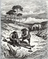 Sancho och kusinen drar Don Quijote (sovande) ut ur Montesinos grotta - från "" Don Quixote de la Mancha"" av Miguel Cervantes (1547-1616) (Don Quijote) - Träsnitt efter teckning av Gustave Dore
