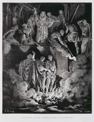 Shadrach, Meshach och Abednego i den brinnande ugnen, illustration från Dore-bibeln