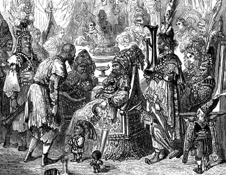 Sindbad sjömannen (Sindbad) - sagan om de tusen och en (1001) nätterna - illustration av Gustave Dore (detalj) - Maxwell edition 1865 - Prolog: en fattig bärare (Hinbad) presenterar sig för Sindbad, som har blivit gammal och rik. Den senare kommer att berä