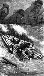 Sindbad sjöfararen (Sinbad) - berättelsen om de tusen och en (1001) nätterna - illustration av Gustave Dore - Maxwell edition 1865 - Tredje resan: Sindbad och hans följeslagare som har tagit havet ombord på en flotte förföljs av jättar som kastar stora ste