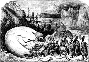 Sindbad sjömannen (Sindbad) - berättelsen om de tusen och en (1001) nätterna - illustration av Gustave Dore - Maxwell-utgåvan 1865 - Femte resan: köpmännen som följer Sindbad bryter skalet på ett gigantiskt ägg av fågeljätten Roc för att extrahera en enorm