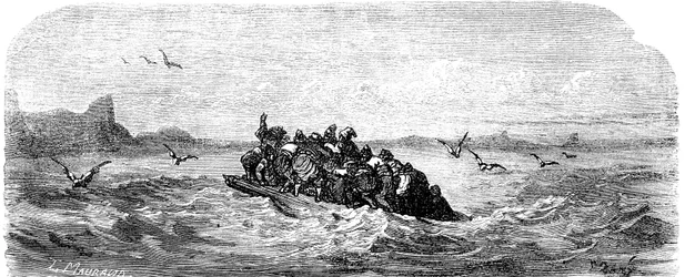 Sindbad sjömannen (Sinbad) - berättelsen om de tusen och en (1001) nätterna - illustration av Gustave Dore - edition Maxwell 1865 - Tredje resan: Sindbad och hans följeslagare seglar ombord på en flotte