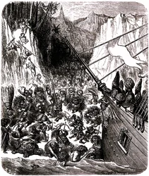 Sindbad sjöfararen (Sindbad) - berättelsen om de tusen och en (1001) nätterna - illustration av Gustave Dore - Tredje resan: en tempete kastar Sindbads och hans följeslagares skepp på en ö där de attackeras av en mängd små och hemska varelser