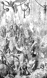 Seglaren Sindbad (Sinbad) - berättelsen om de tusen och en (1001) nätterna - illustration av Gustave Dore - Maxwell-utgåvan 1865 - Sjätte resan - denna gravyr kan föreställa kungen av Serendibs hov eller kalifen Haroun al-Rashids (Harun al