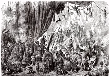 Sindbad sjömannen (Sinbad) - berättelsen om de tusen och en (1001) nätterna - illustration av Gustave Dore - Maxwell-utgåvan 1865 - Sjätte resan: hovet hos kungen av Serendib