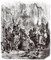 Sindbad sjömannen (Sinbad) - berättelsen om de tusen och en (1001) nätterna - illustration av Gustave Dore - Maxwell edition 1865 - Prolog: en fattig bärare (Hinbad) presenterar sig för Sindbad, som har blivit gammal och rik. Den senare kommer att berätta 