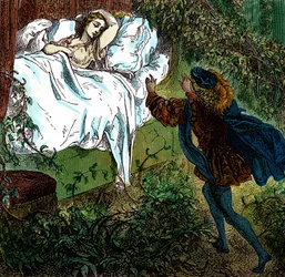 "Törnrosa" Drömprinsen närmar sig den vackra sovande prinsessan. Gravyr av Gustave Dore (1832-1883) till "Les tales" av Charles Perrault (1628-1703)