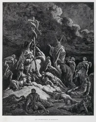 Så gjorde Mose en orm av brons och satte upp den på en påle. Numeri 21:7, illustration från Dore-bibeln