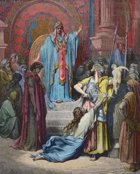 Salomos dom - Salomo gör domen att dela barnet mellan de två kärandena - Gravyr av Gustave Dore (1832 - 1883) - senare färgläggning