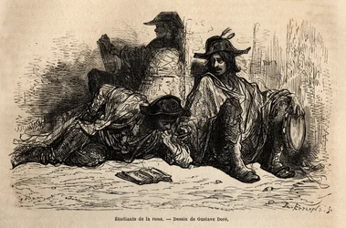 Studenter av tonfisk (eller tunantes) i distriktet vid universitetet i Alcala de Henares, det speciella med dessa studenter som har antagit ledigt, fritt och vandrande liv är att inte studera, skissa på live av Gustave Dore. Gravyr för att illustrera resan