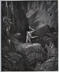 The Acrobatic Penitence of Don Quijote in Sierra Morena - från "" Don Quixote de la Mancha"" av Miguel Cervantes (1547-1616) (Don Quijote) - Träsnitt efter teckning av Gustave Dore