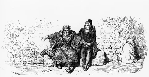 The Ancient Mariner with the Wedding Guest första sidan av "The Rime of the Ancient Mariner", av S.T. Coleridge, publicerad av Harper und Sons, New York, 1876 (trägravyr)