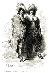 Baron de Sigognac och markis de Bruyeres. Gravyr av Gustave Dore som illustrerar Theophile Gautiers roman "Le capitaine Fracasse", edition Charpentier 1863.