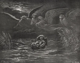 Barnet Moses på Nilen, 2 Mosebok 2:1-4, illustration från Dores "The Holy Bible", graverad av H.Pisan, 1866.
