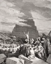 Språkförbistringen, Första Moseboken 11:7-9, illustration ur Dorés «Den heliga Bibeln», graverad av Maurand, 1866