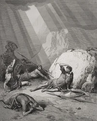 Sankt Paulus omvändelse, Apostlagärningarna 9:1-6, illustration ur Dorés ”Den heliga bibeln”, graverad av Ligny, 1866