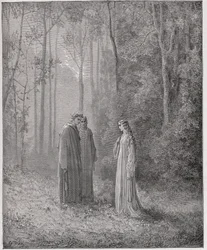 Den gudomliga komedin (La Divina Comedia, La Divine Comedie), Purgatorio, Canto 5: Dante talar med Pia de Tolomei (Tolommei) - av Dante Alighieri (1265-1321) - Illustration av Gustave Dore (1832-1883)