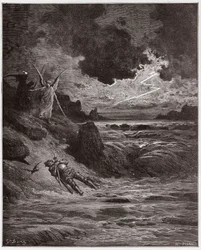 The Divine Comedy (La Divina Comedia, La Divine Comedie), Purgatorio, Canto 5: The body of Buonconte da Montefeltro in the Arno - av Dante Alighieri (1265-1321) - Illustration av Gustave Dore (1832-1883)