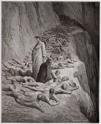 Den gudomliga komedin, Purgatorio, sång 19: De girigas själar: Adrian V talar till Dante - av Dante Alighieri (1265-1321) - Illustration av Gustave Doré (1832-1883)