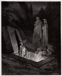 Den gudomliga komedin, Inferno, Sång 10: Farinata degli Uberti tilltalar Dante - av Dante Alighieri (1265-1321) - Illustration av Gustave Doré (1832-1883)