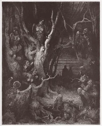 Den gudomliga komedin, Helvetet, Sång 13: Harpyorna i självmördarnas skog - av Dante Alighieri (1265-1321) - Illustration av Gustave Doré (1832-1883)