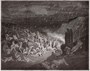 Den gudomliga komedin, Helvetet, Sång 14: De våldsamma, plågade i elddesignet - av Dante Alighieri (1265-1321) - Illustration av Gustave Doré (1832-1883)