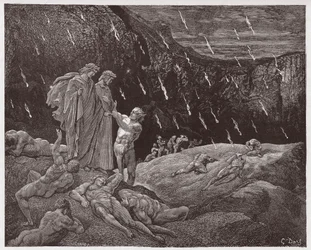 Den gudomliga komedin (La Divina Commedia, La Divine Comédie), Inferno, sång 15: Brunetto Latini tilltalar Dante - av Dante Alighieri (1265-1321) - illustration av Gustave Doré (1832-1883)