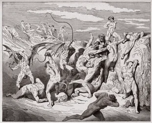 Den gudomliga komedin (La Divina Commedia, La Divine Comédie), Inferno, sång 18: Djävlar och förförare - av Dante Alighieri (1265-1321) - Illustration av Gustave Doré (1832-1883)