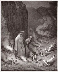 Den gudomliga komedin, Helvetet, Sång 19: Dante tillrättavisar påve Nikolaus III i den fjärde bolgian - av Dante Alighieri (1265-1321) - Illustration av Gustave Doré (1832-1883)