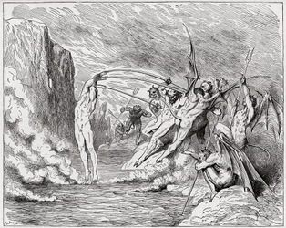 The Divine Comedy (La Divina Commedia, La Divine Comedie), Inferno, Canto 21: Devils torment the barrators - av Dante Alighieri (1265-1321) - Illustration av Gustave Dore (1832-1883)