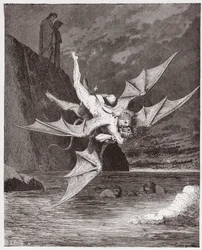 Den gudomliga komedin, Inferno, Sång 22: Alichino och Calcabrina brottas ovanför beck - av Dante Alighieri (1265-1321) - illustration av Gustave Doré (1832-1883)