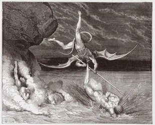 Den gudomliga komedin, Inferno, sång 22: Ciampolo flyr från demonen Alichino i den femte bolgian - av Dante Alighieri (1265-1321) - Illustration av Gustave Doré (1832-1883)