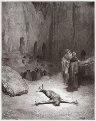 Den gudomliga komedin (La Divina Commedia, La Divine Comedie), Inferno, Canto 23: En korsfäst farisé bland hycklarna - av Dante Alighieri (1265-1321) - Illustration av Gustave Dore (1832-1883)